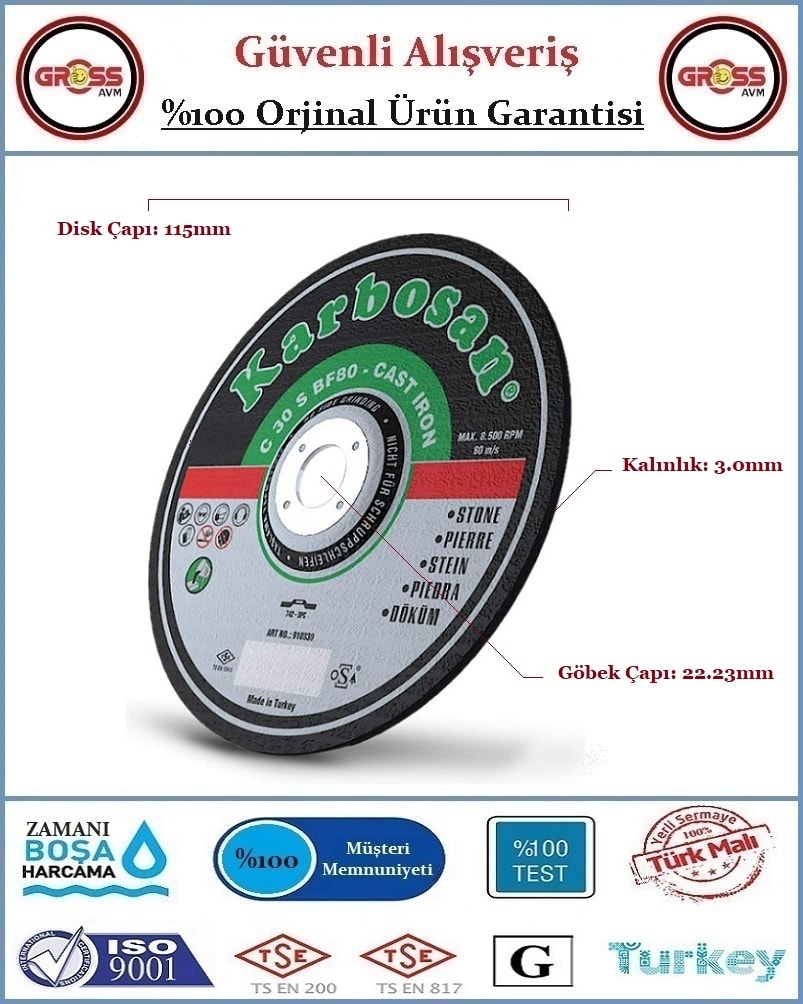 KARBOSAN Mermer Kesme Disk Taşı - 115MM - Orjinal Ürün