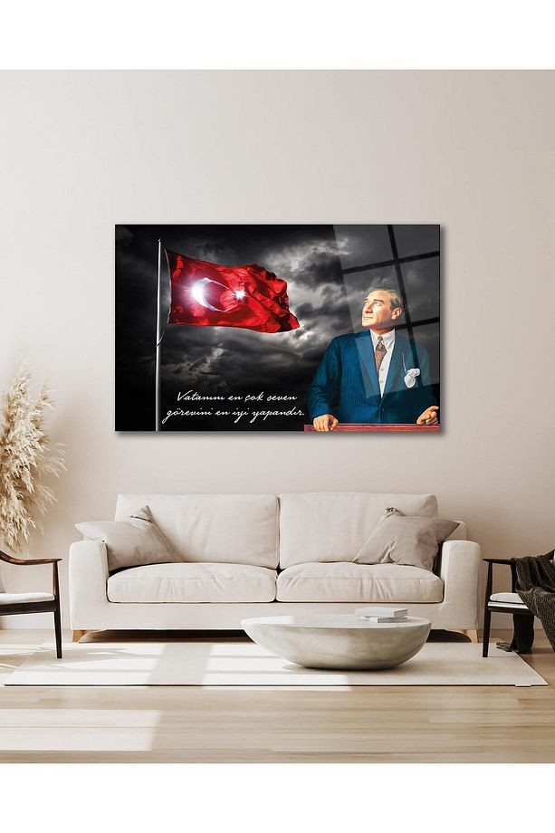 Türk Bayrağı ve Atatürk Cam Tablo Vatanını En Çok Seven Modern Ev Ofis Salon Kurum Hediyelik Tablo