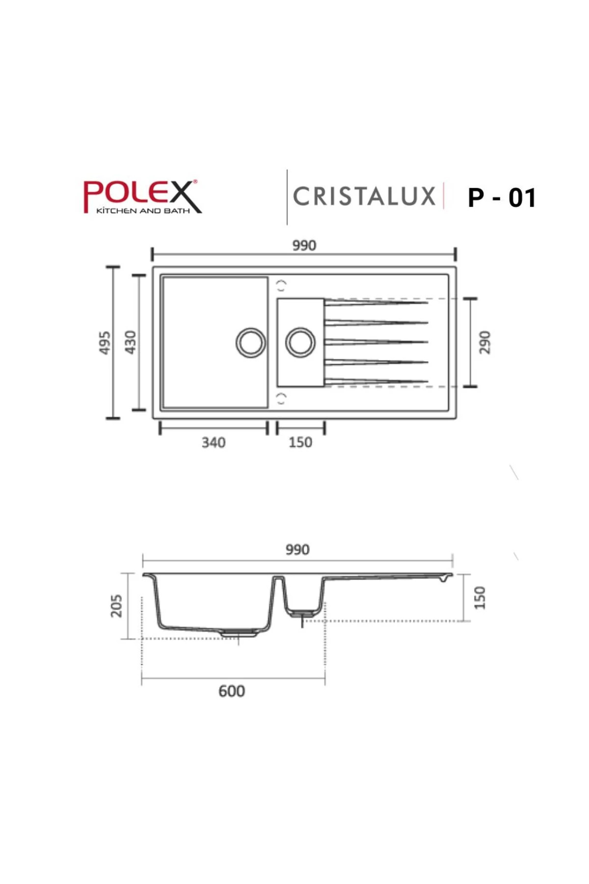 Cristalüx Granit Evye P-01 Antrasit 1,5 Gözlü Tezgah Altı Ve Tezgah Üstü Mutfak Evyesi 99x49,5cm