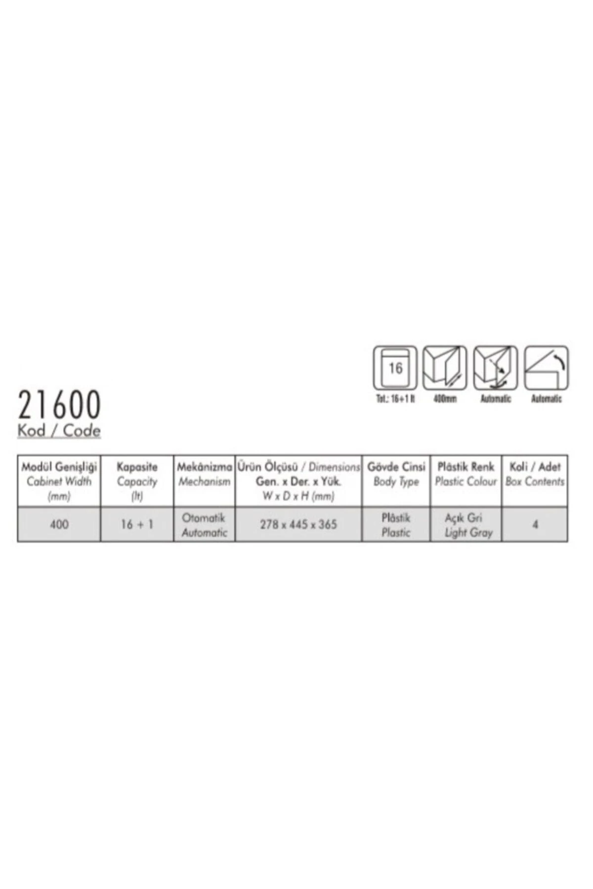 Raylı Plastik Tek Kova 16 litrer Çöp Kovası 21600
