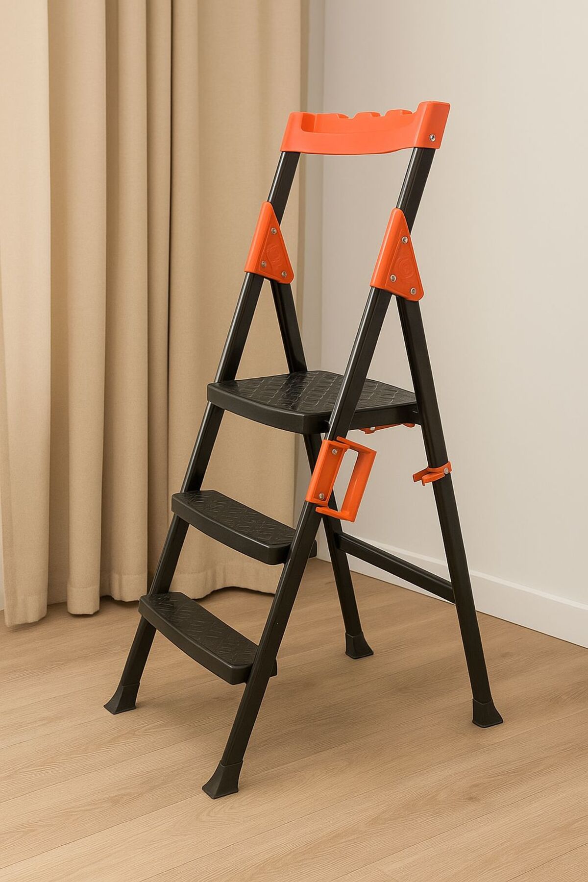 Dayanıklı Metal Merdiven 2+1 Siyah Geniş Basamaklı Ev Ve iş Merdiveni