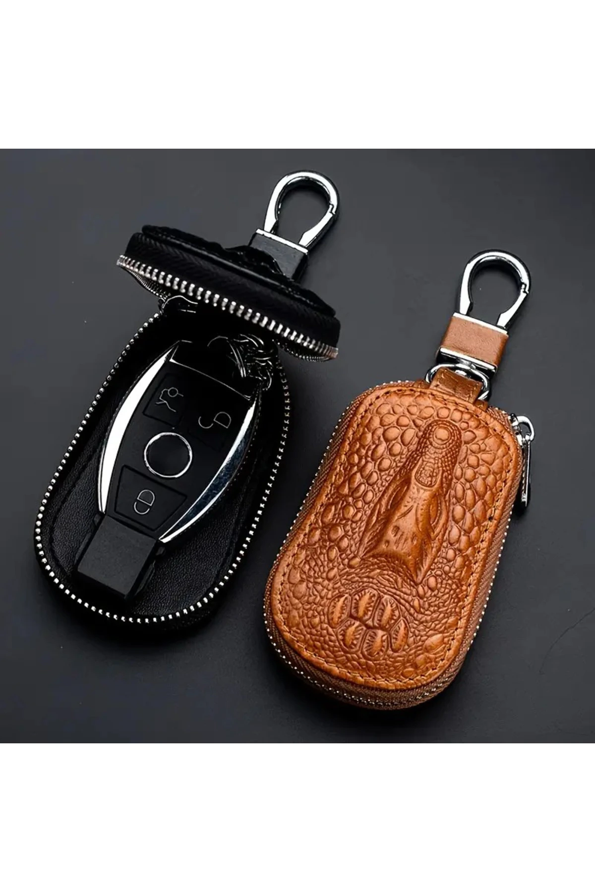 AÇIK KAHVERENGİ TİMSAH SUNİ DERİ AKILLI OTO ANAHTARLIK KARABİNA KANCALI ANAHTAR KILIFI