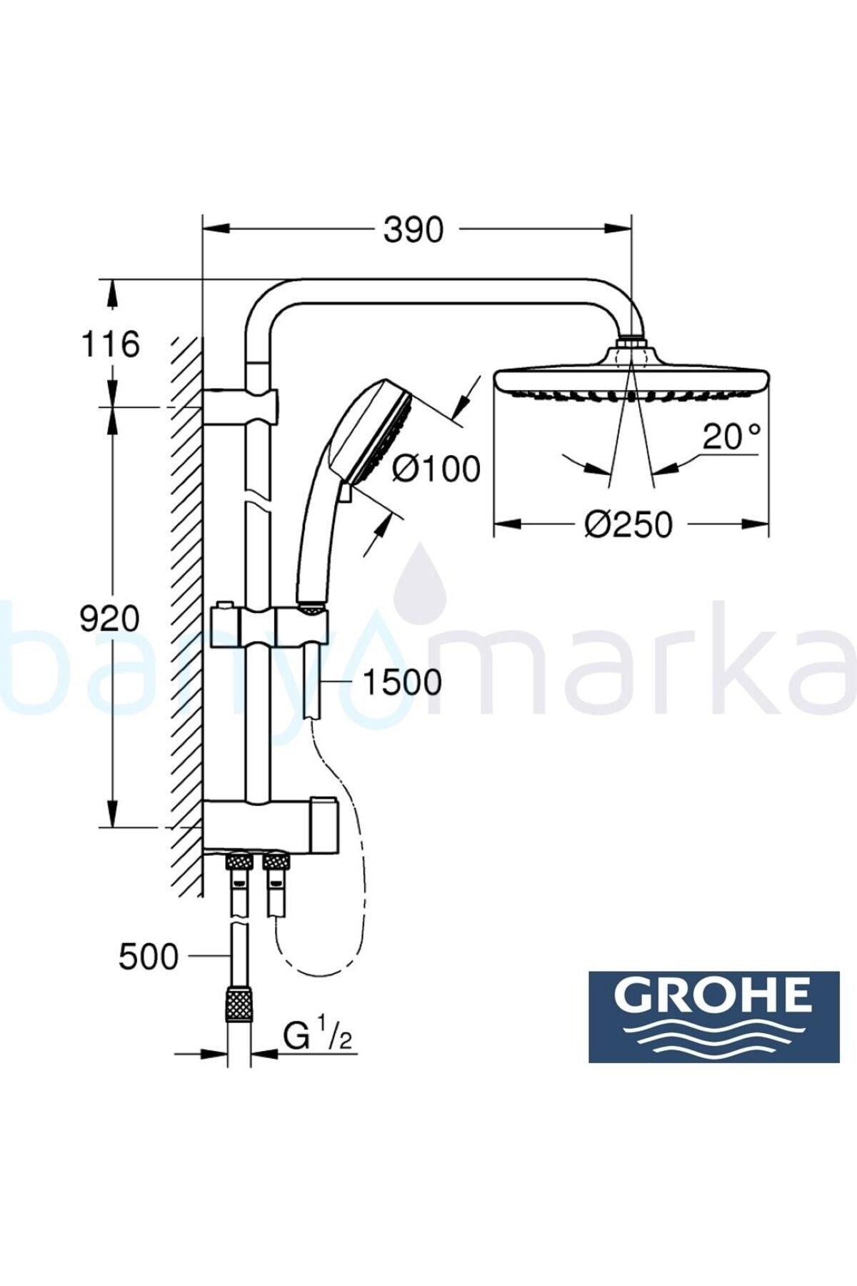 Tempesta System 250 Duvara Monte Duş Sistemi, Yön Değiştiricili, Krom-Beyaz - 26675000