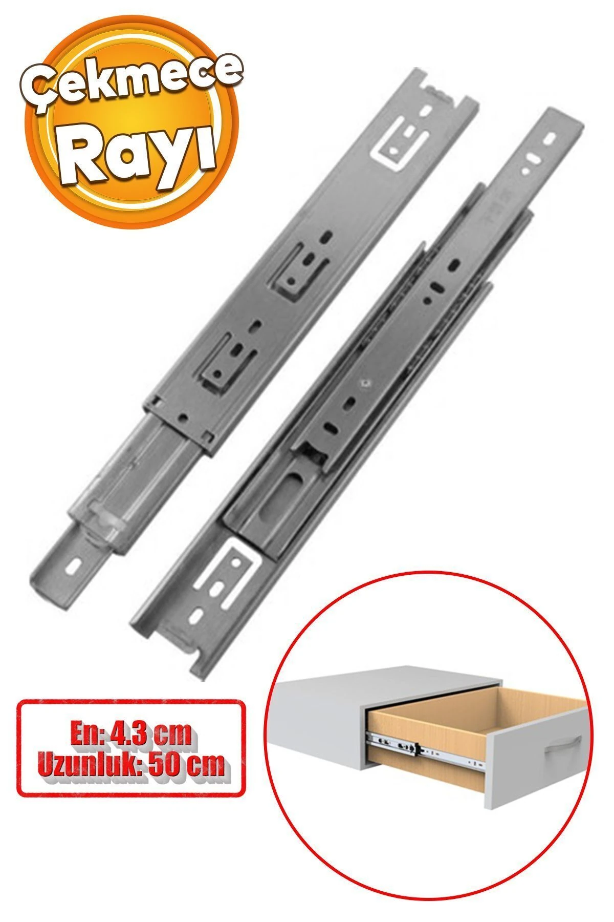 Bilyalı Dolap Çekmece Rayı Metal En 4.3 cm Uzunluk 50 cm Gardrop Mutfak Dolabı