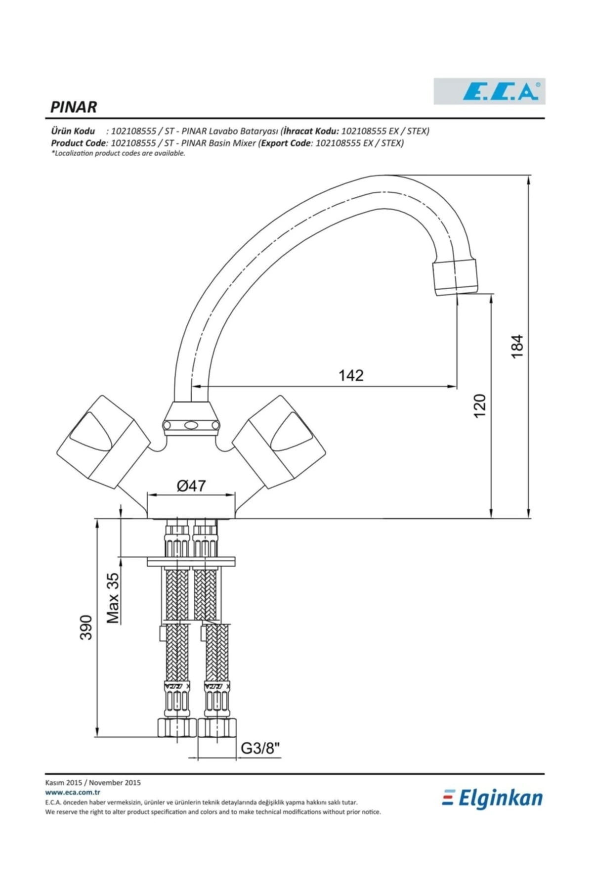 Pınar Lavabo Bataryası Musluğu Çift Su Girişli 102108555