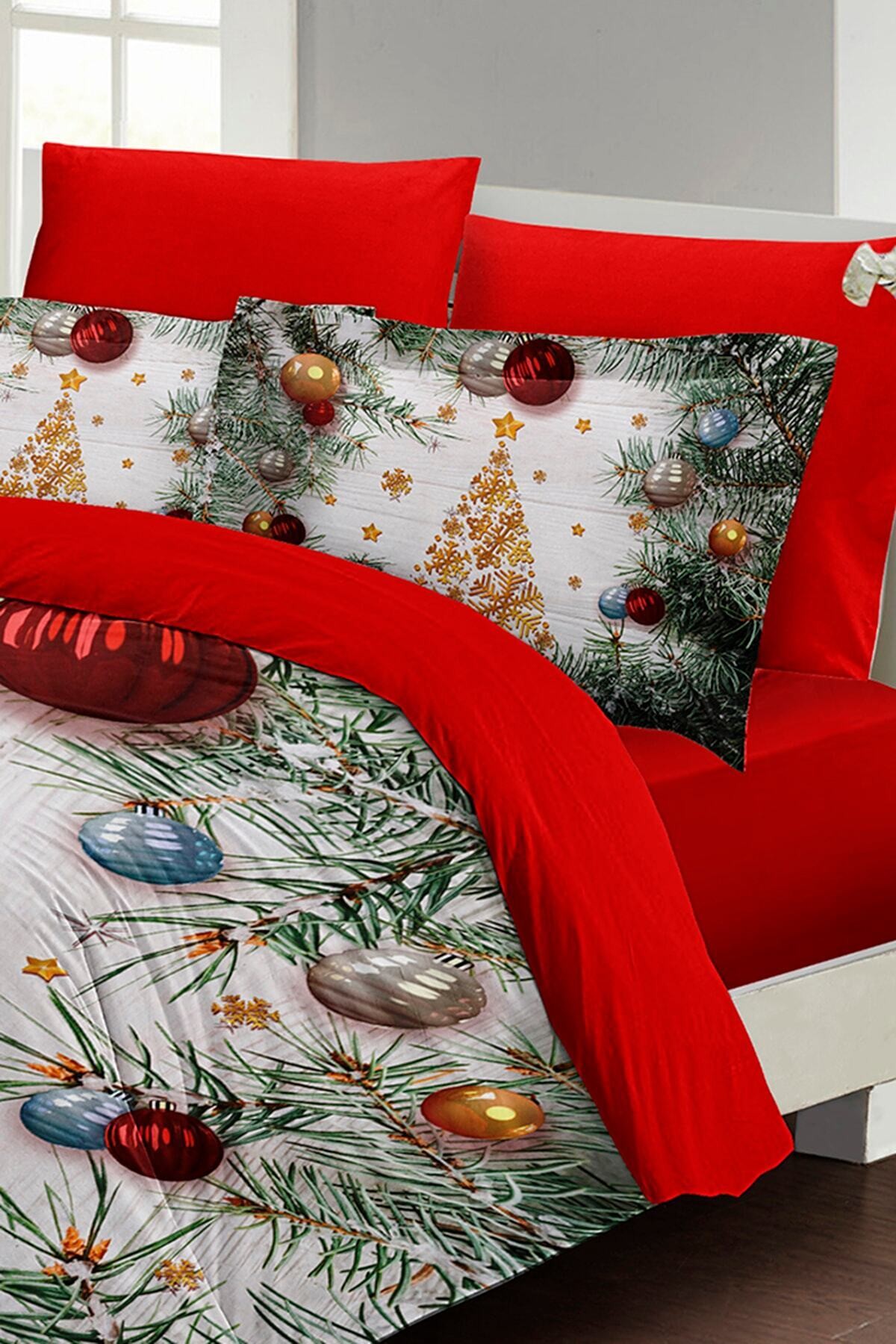 Kıng Sıze Yılbaşı Merry Christmas Çift Kişilik 3d Nevresim Takımı Pamuk Saten Pine 220x240cm