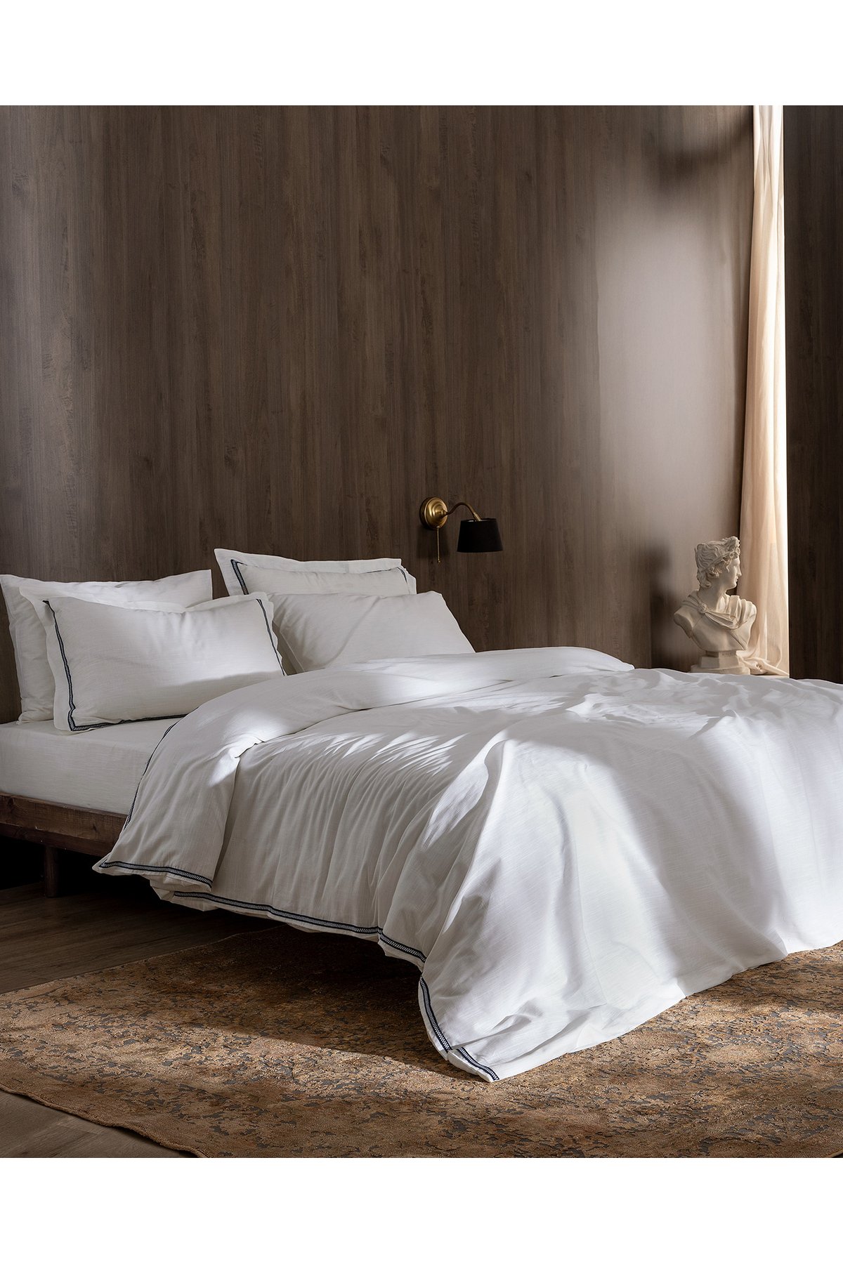 Tina Çift Kişilik Linen Look Yıkamalı %100 Pamuk Nevresim Takımı - Beyaz/Lacivert