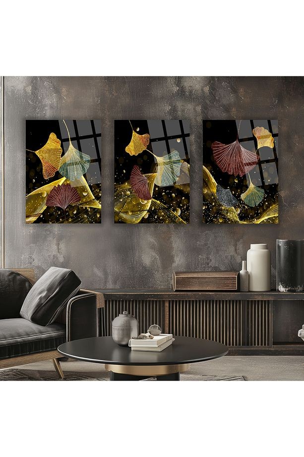 3 PARÇA TAKIM SET HALİNDE MODERN GOLD ÇİÇEK TEMALI KIRILMAZ CAM TABLO EV HEDİYESİ