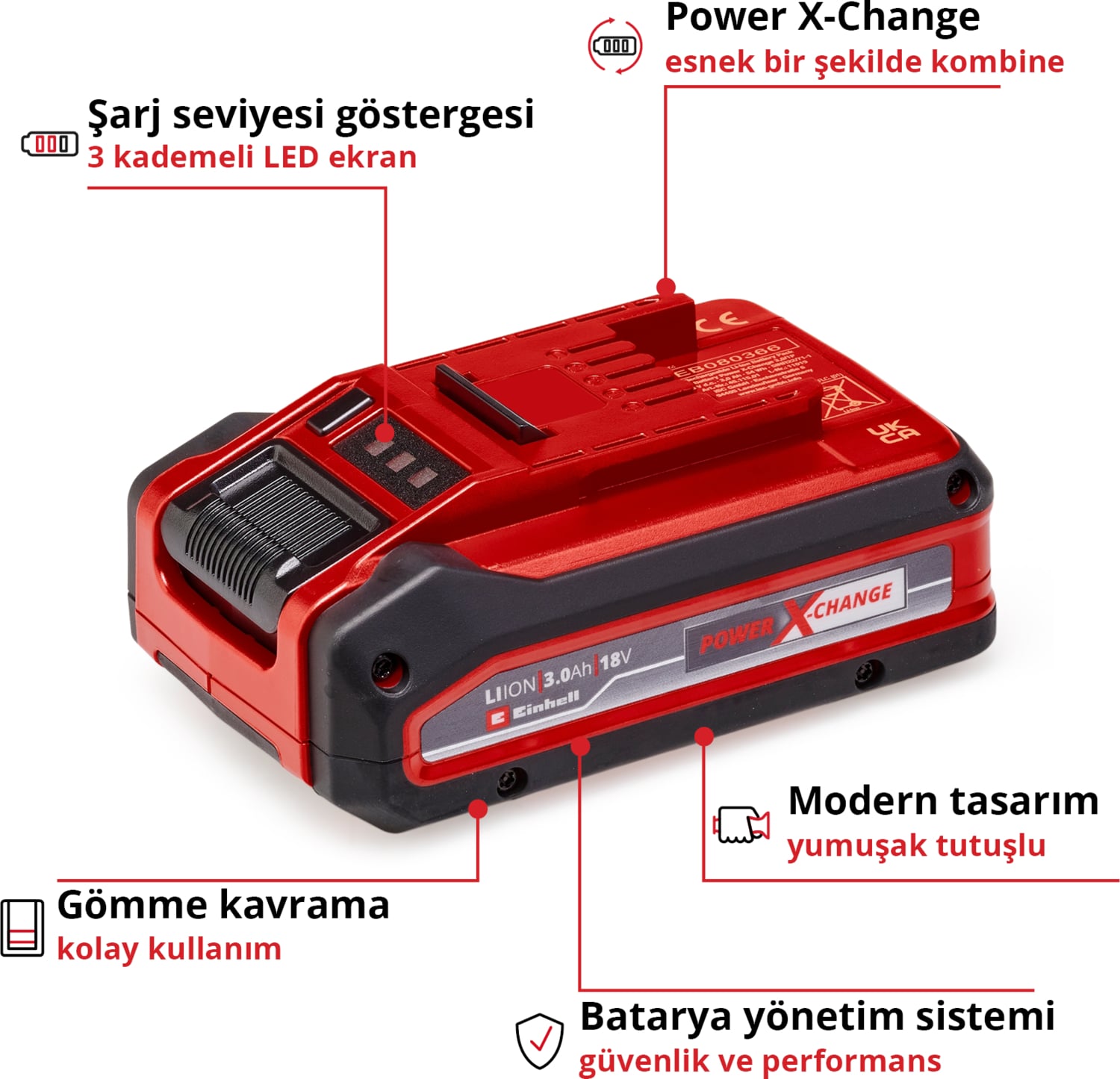 EİNHELL 18 V 3.0 Ah Power X-Change Plus (18 V Akü, Tüm PXC cihazları için evrensel,kendi kendine deşarj olmaz, 3 aşamalı LED şarj seviyesi kontrolü, özel şarj döngüleri, şarj dahil değil) - 4511501