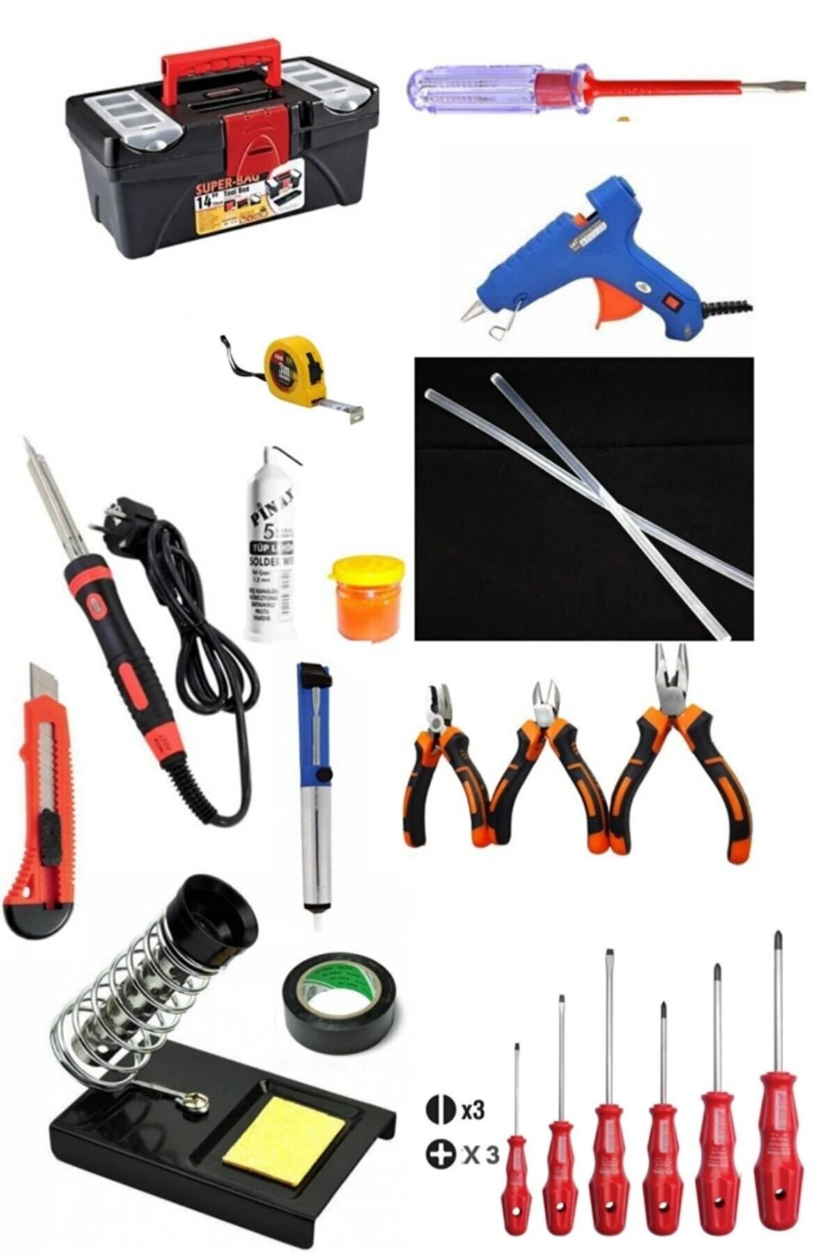 22 Parça El Aleti Seti , Dolu Takım Çantası (60 Watt Lehim Havya+20 Watt Silikon Tabancası)