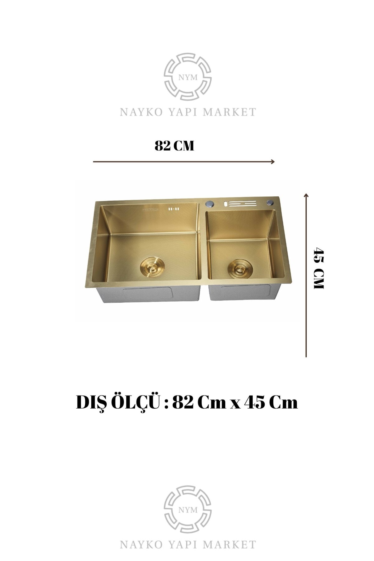 Sun Serisi %100 Krom Gold 82x45 İki Göz Bıçak Yuvalı Paslanmaz Mutfak Eviyesi, Mutfak Lavabosu