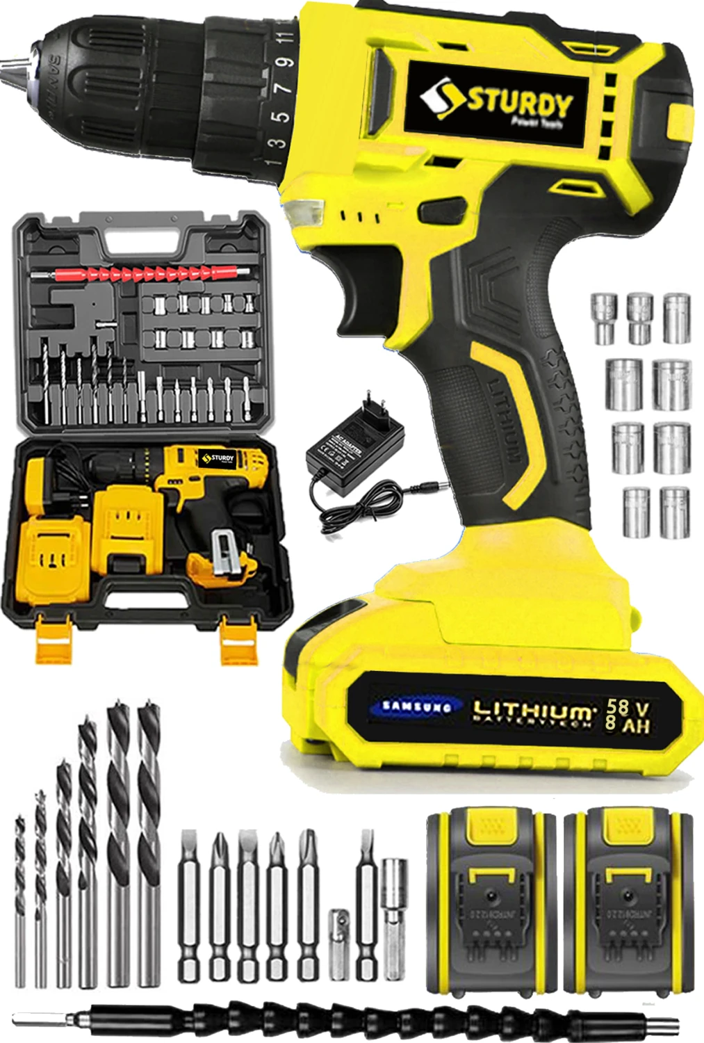 Sturdy 58V 6Ah Lıon Çift Akülü EXPRESS SERİ Turbo Şarjlı Matkap 27 Parça Uç Setli