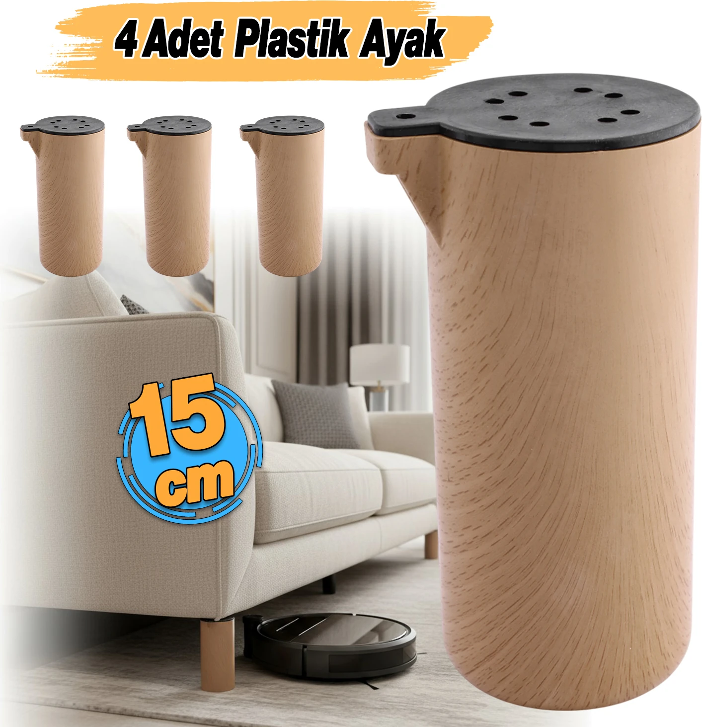 (4 Adet) Plastik Terra Kubik Kayın Beji 15 cm Mobilya Kanepe Koltuk Baza Yükseltme Ayağı Ayakları