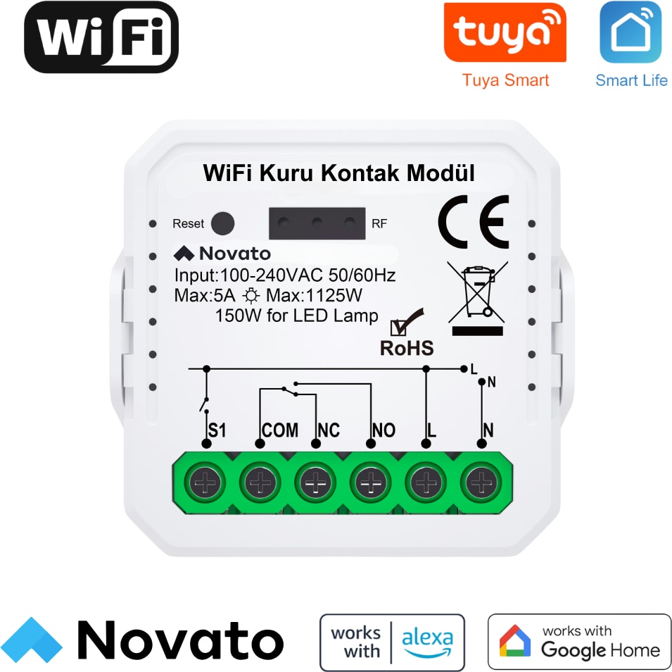 WiFi Kuru Kontak Akıllı Röle (No-Nc ) Tuya Smart Life Uyumlu - Kombi, Otopark, Yana Kayar Kapı WiFi Kontrol Anahtarı