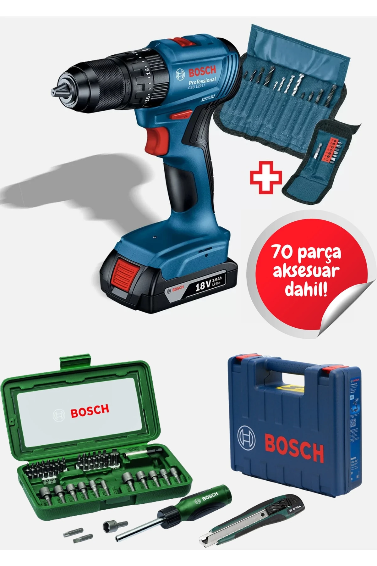 Gsb 185-li Tek Akülü Kömürsüz Darbeli Matkap Vidalama Şarjlı Matkap + 70 Parça Aksesuar Hediye