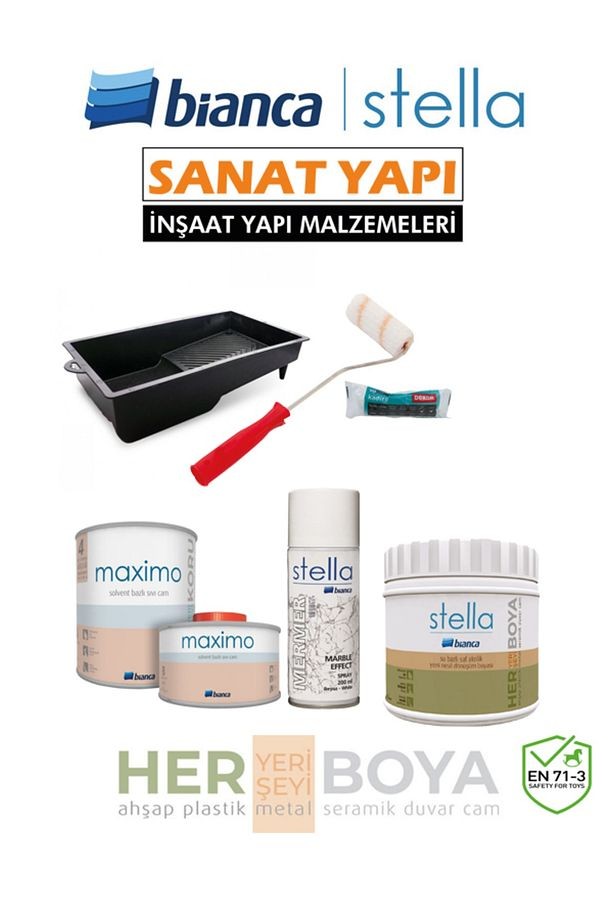 Stella Set 500Ml - Siyah Boya + Beyaz Mermer Effekt Sprey + Maximo Sıvı Cam Parlak