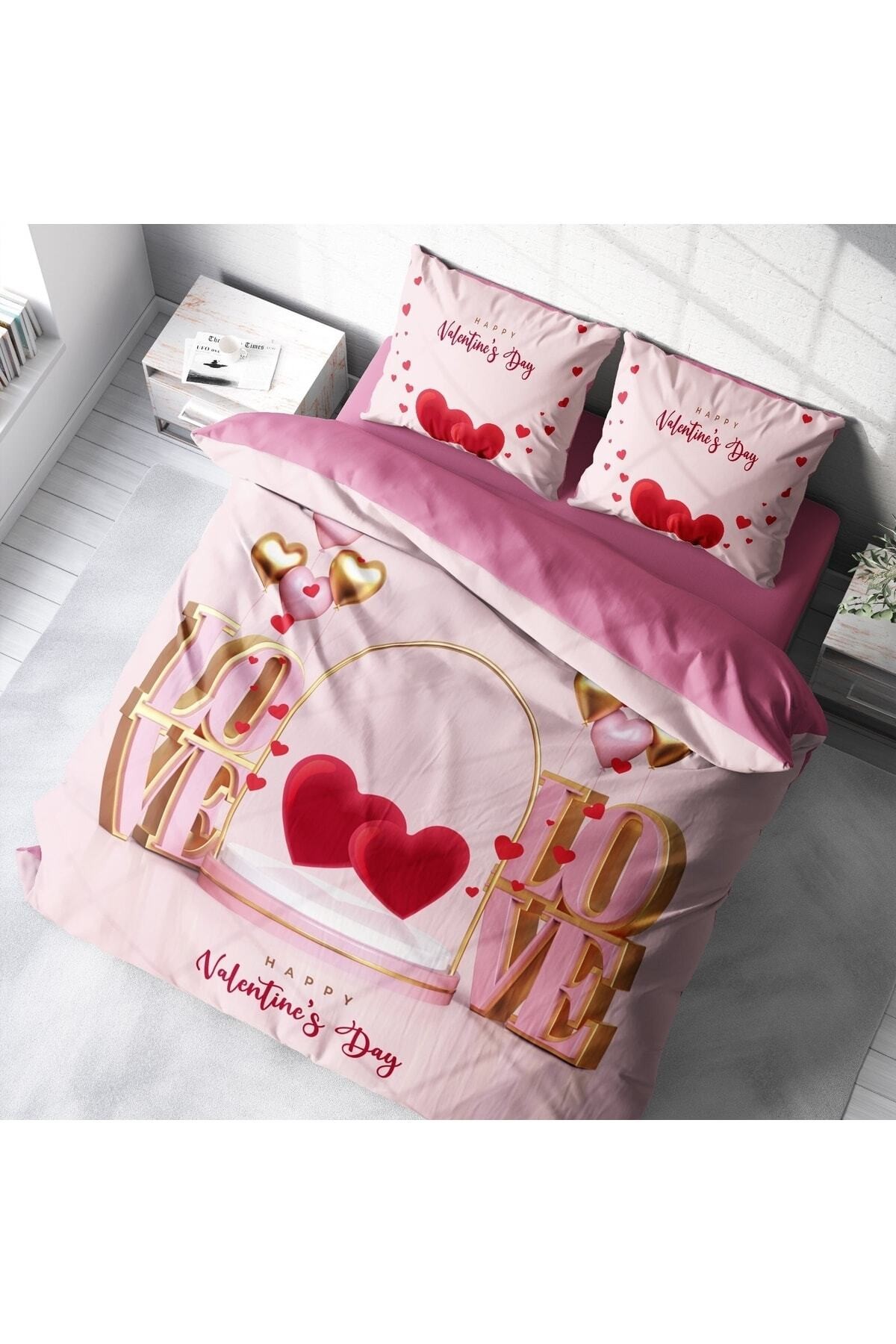 Kıng Sıze Sevgililer Günü Pamuk Saten Çift Kişilik Nevresim Takımı Happy Valentine's Day 220x240cm