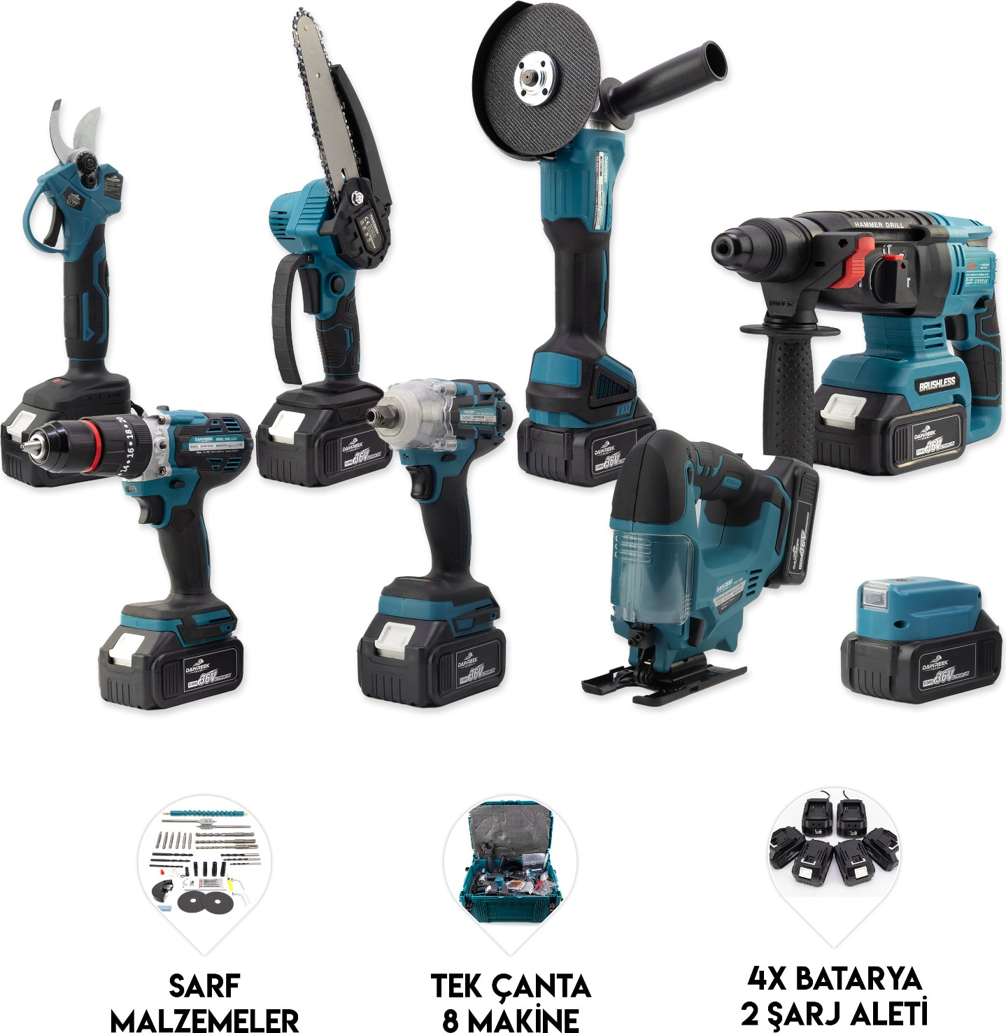 8'li Set Somun Sıkma - Dekupaj - Taşlama - Vidalama - Hilti - Dal Budama - Dal Kesme - Akü Dbml