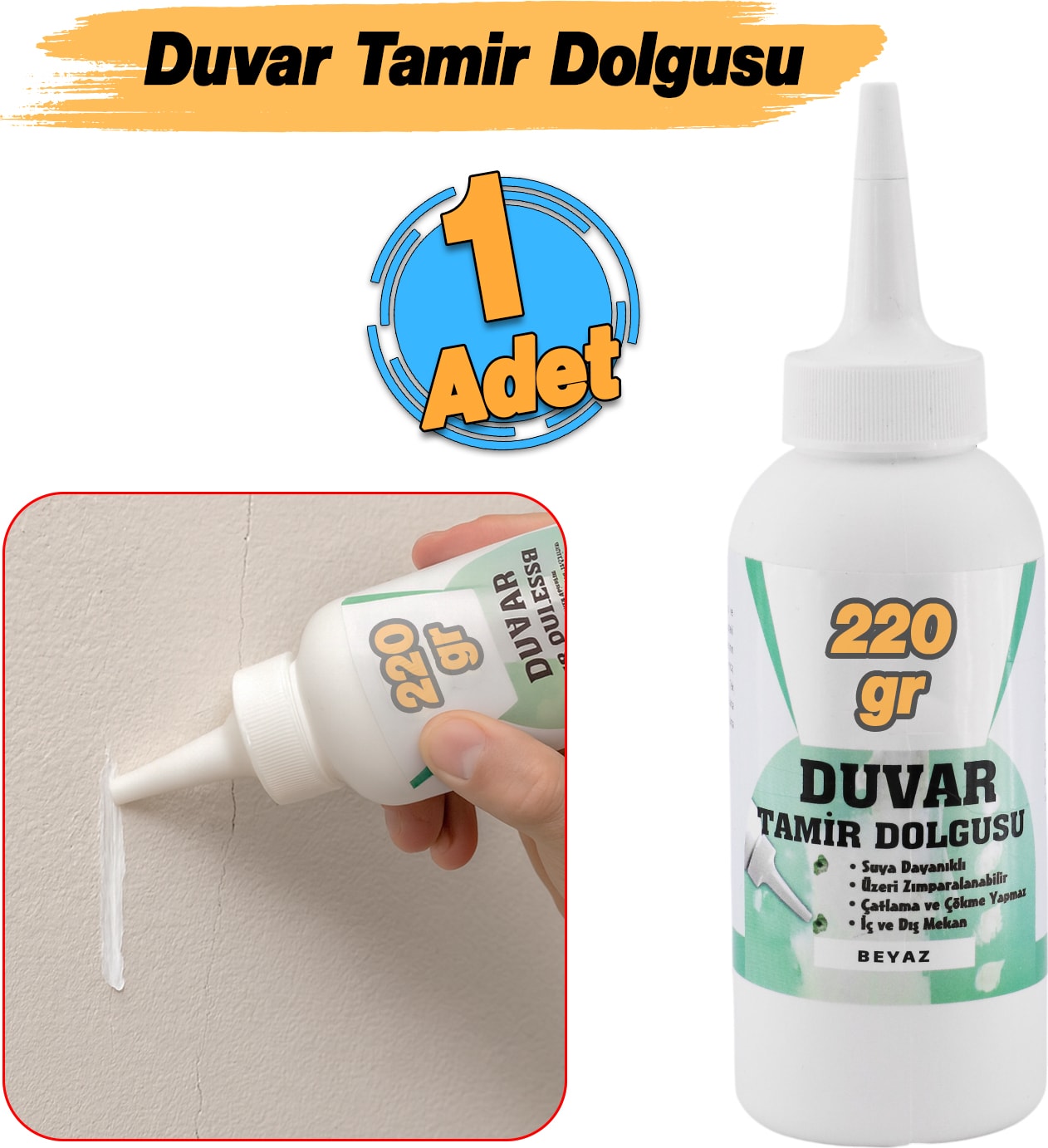 Pratik Duvar Çatlak Delik Giderici Tamir Dolgusu ( 220 gr ) Beyaz Macun Boşluk Doldurucu Onarıcı