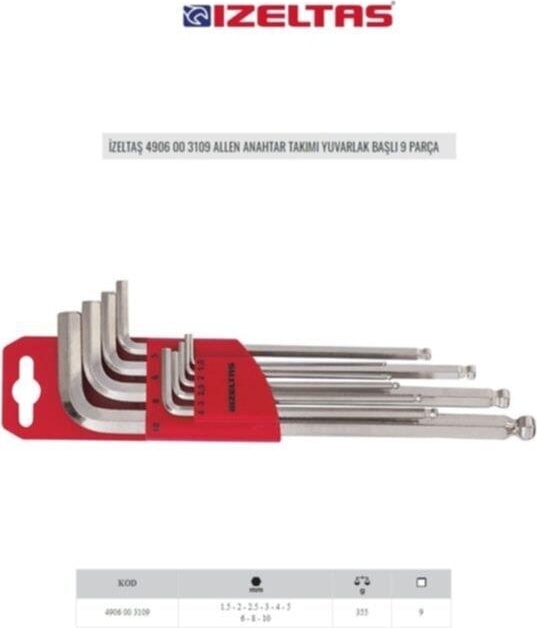 Izeltaş Izeltas 4906 00 3109 Allen Anahtar Takımı Yuvarlak Başlı 9 Parça Izeltas 4906
