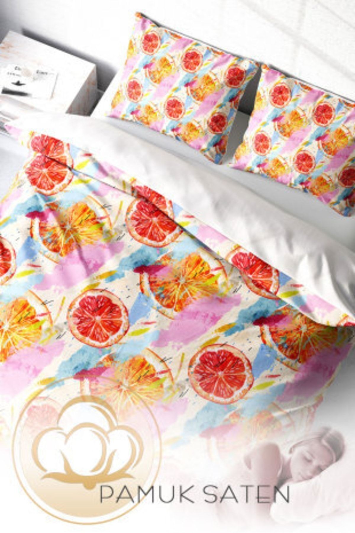 Kıng Sıze Orange Fruit 3d Pamuk Saten Çift Kişilik Nevresim Takımı 220x240cm