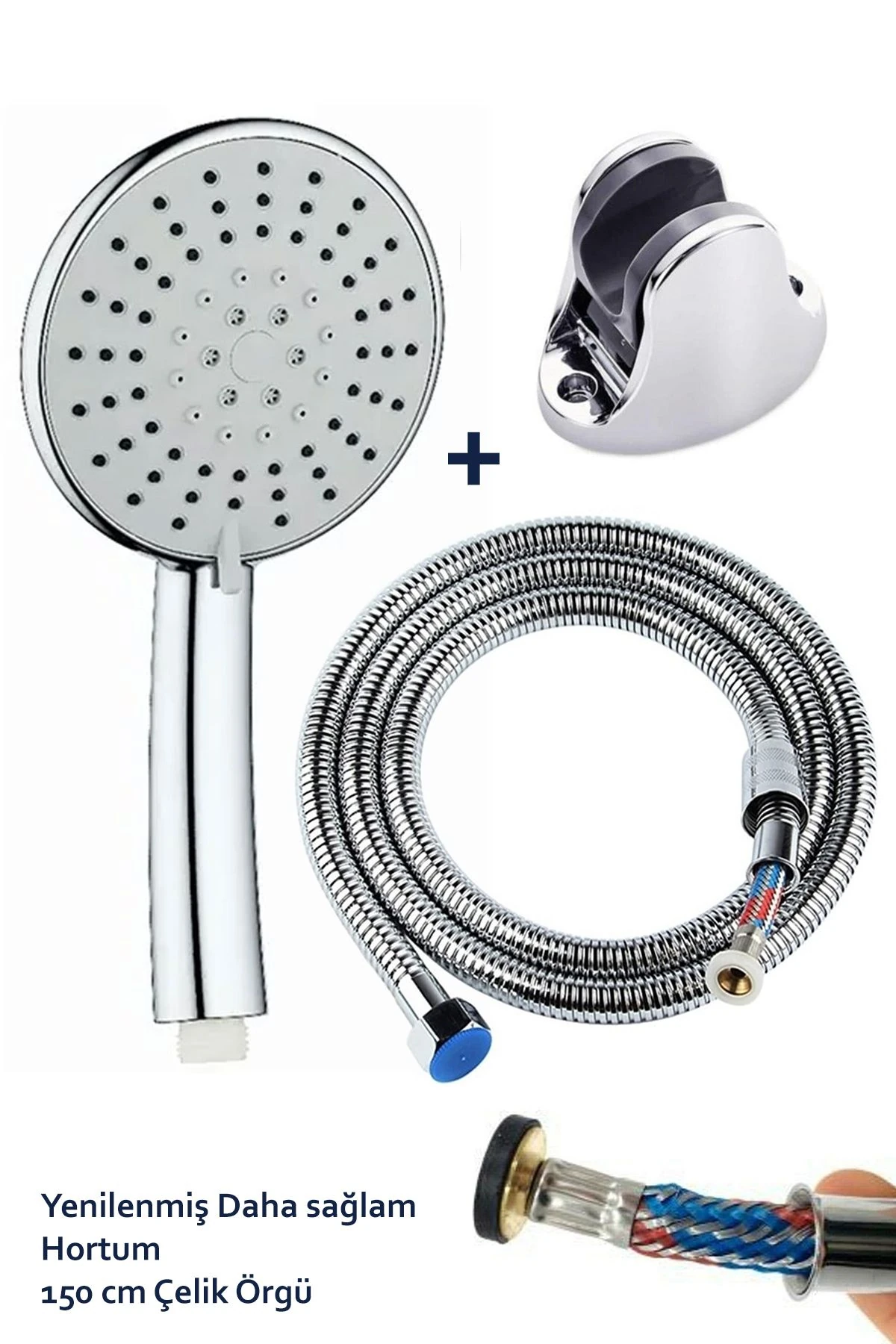 Kaliteli 5 Fonksiyonlu Büyük Boy Krom Duş Başlığı 150cm Örgülü Hortumlu Mafsallı Duş Seti