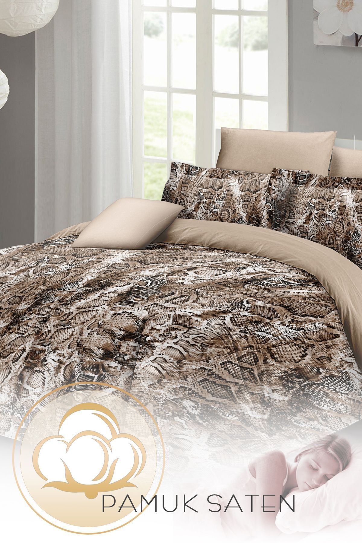Leopar Lastikli Çarşaflı %100 Pamuk Saten Çift Kişilik Nevresim Takımı Wall Snake