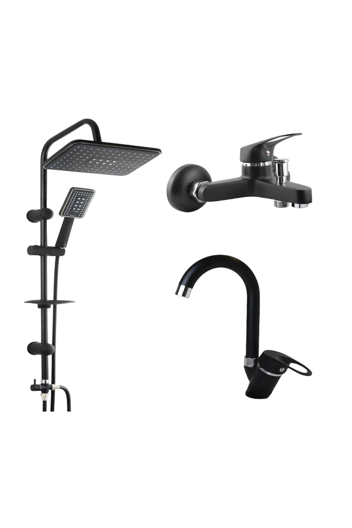 Kca Ful Siyah Robot Duş Lavabo Banyo Bataryası 3'lü Set Çift Su Girişli