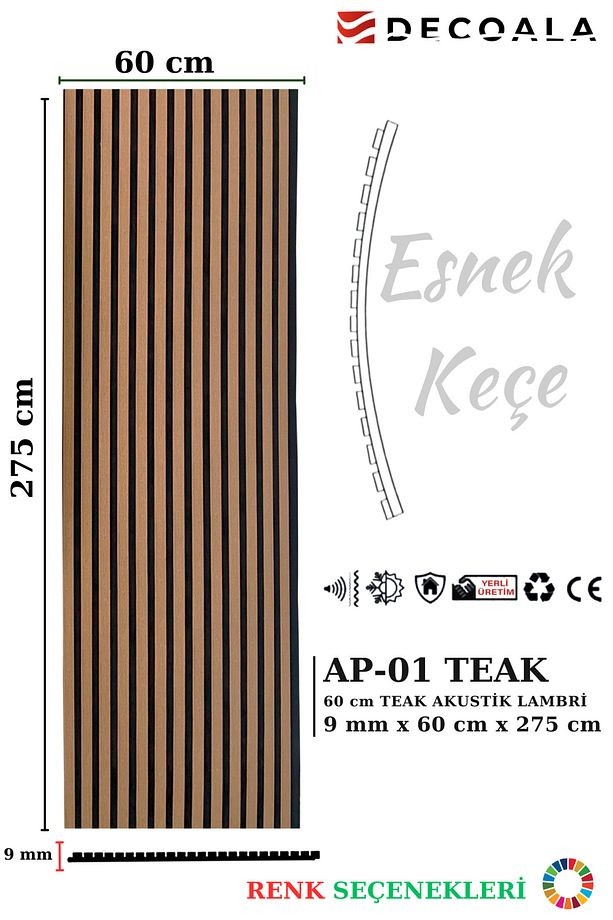Mdf Ahşap Akustik Duvar Paneli 60x275 Cm - Teak