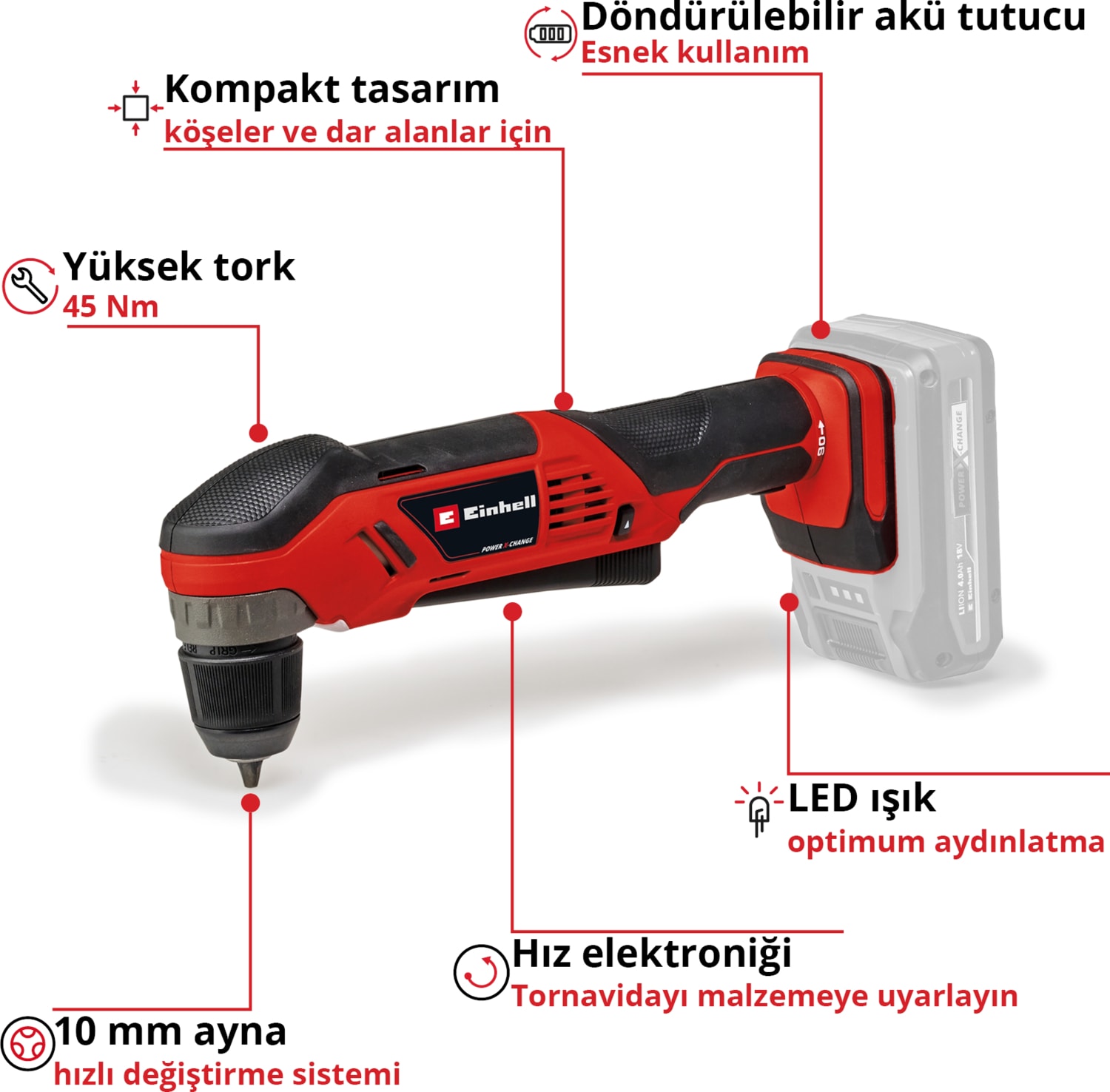 EİNHELL Akülü Açılı Vidalama TE-AD 18 Li-Solo Power X-Change (18 V, 45 Nm, 10 mm Hızlı Sıkma Mandren, LED Işık, Döndürülebilir Akü Yuvası, akü dahil değildir) - 4514290