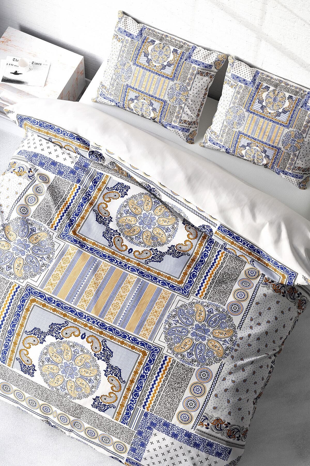 Kıng Sıze Blue Patchwork 3d Pamuk Saten Çift Kişilik Nevresim Takımı 220x240cm