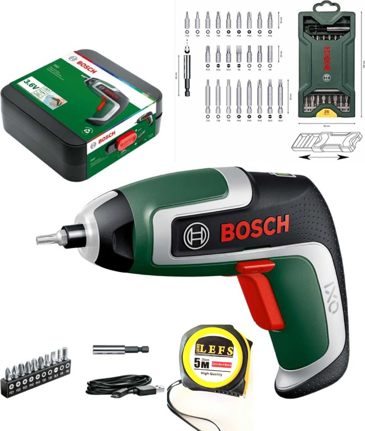 BOSCH Ixo 7 Nesil Mini Akülü Vidalama Şarjlı Tornavida+ 25 Parça Vidalama Ucu Seti ve Metre