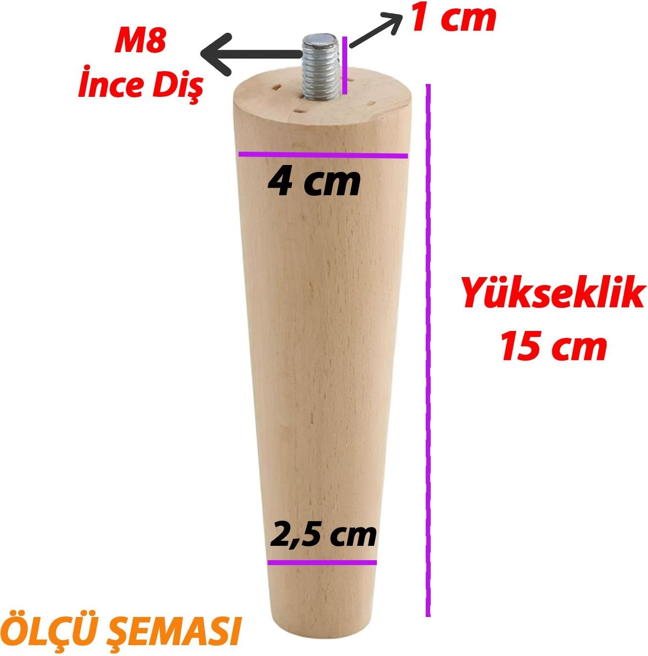 4 Adet Ahşap 15 cm Dolap Mobilya Koltuk Kanepe Destek Ayağı - Konik M8 Civatalı