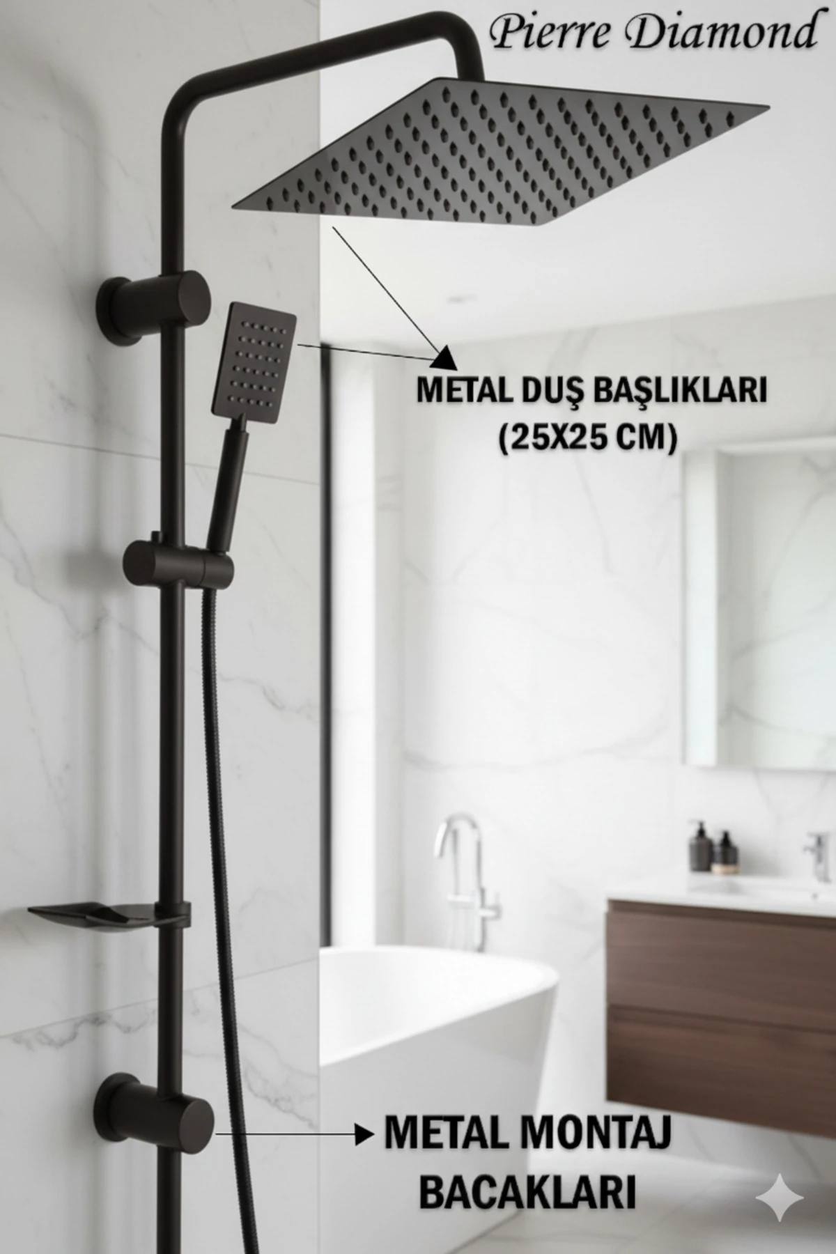 Robot Duş Takımı Metal Bacaklı ve El ve Tepe Başlığı Siyah Renk Lüks Ağır Tip Banyo Duş Seti