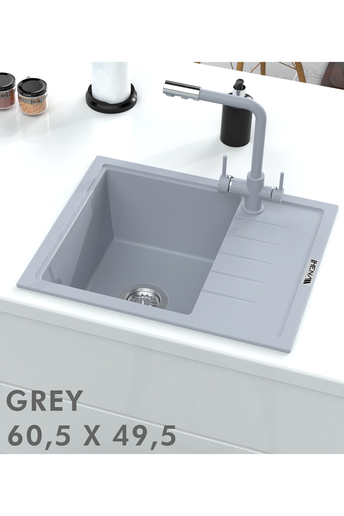 Granit Eviye 1 Gözlü Damlalıklı Gri 60x50 Granit Evye Kuvars