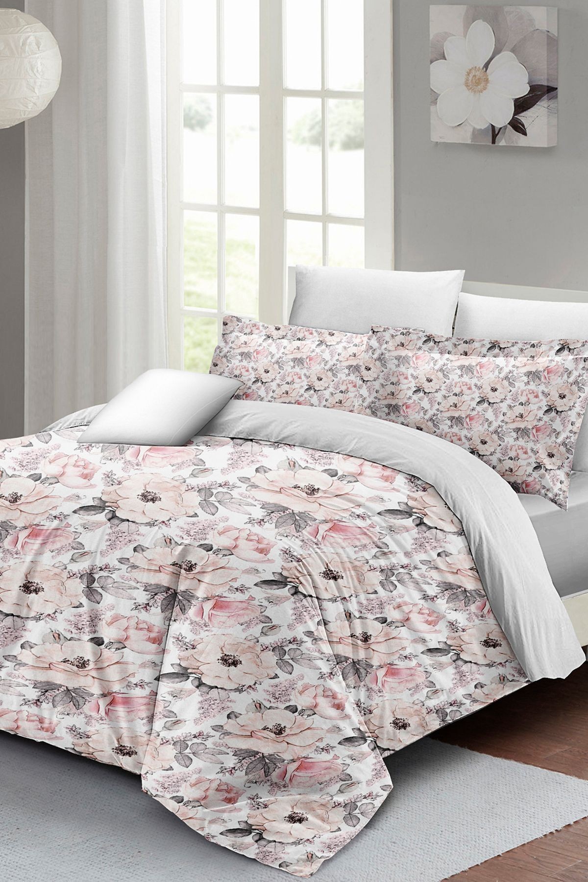 Lastikli Çarşaflı %100 Pamuk Saten Çift Kişilik Nevresim Takımı Dream Roses Luxury