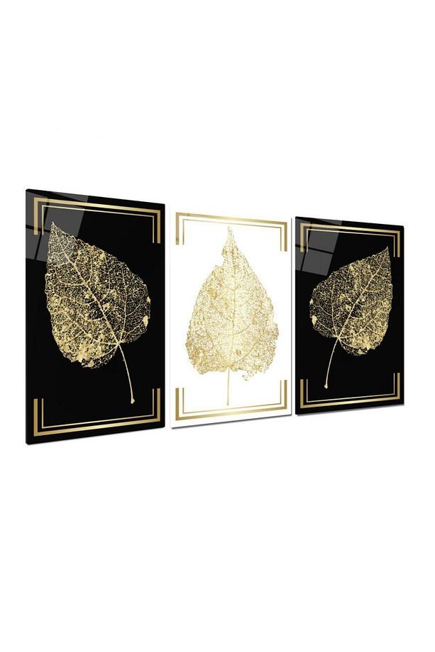 3 LÜ SİYAH VE BEYAZ GOLD YAPRAK HARİKA UYUM KIRILMAZ CAM TABLO ULTRA CANLI RENKLİ MODERN EV HEDİYESİ