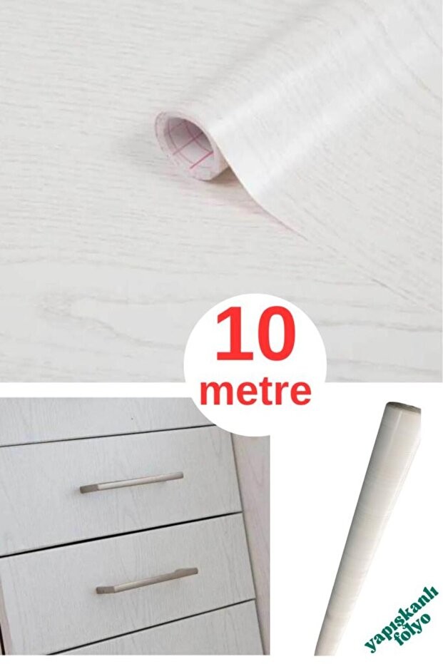 67cm x 10Metre 1 Adet Rulo Yapışkanlı Krem-Beyaz Ahşap Görünümlü Mutfak Duvar Kaplama Folyosu Kağıdı