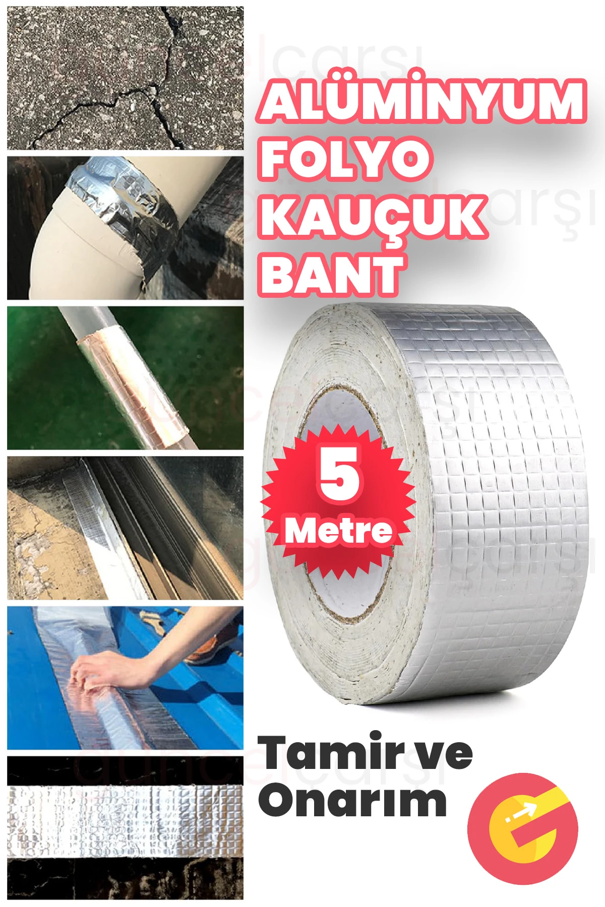 Alüminyum Folyo Kauçuk Bant 5mt Yüksek Sıcaklığa Dayanan Su Geçirmez Çatı Boru Duvar