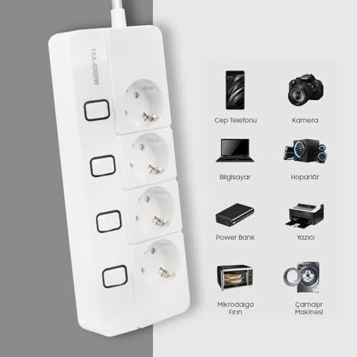 4&apos;lü Akım Korumalı Priz, 4000 Watt 16 Amper, 1400 Joule, Dörtlü Çoklu Priz, Her Priz Için Ayrı 4 Anahtar Özelliği, 1.5 Metre Kablo Uzunluğu, Anahtarlı Grup Priz, Topraklı, Çocuk Korumalı