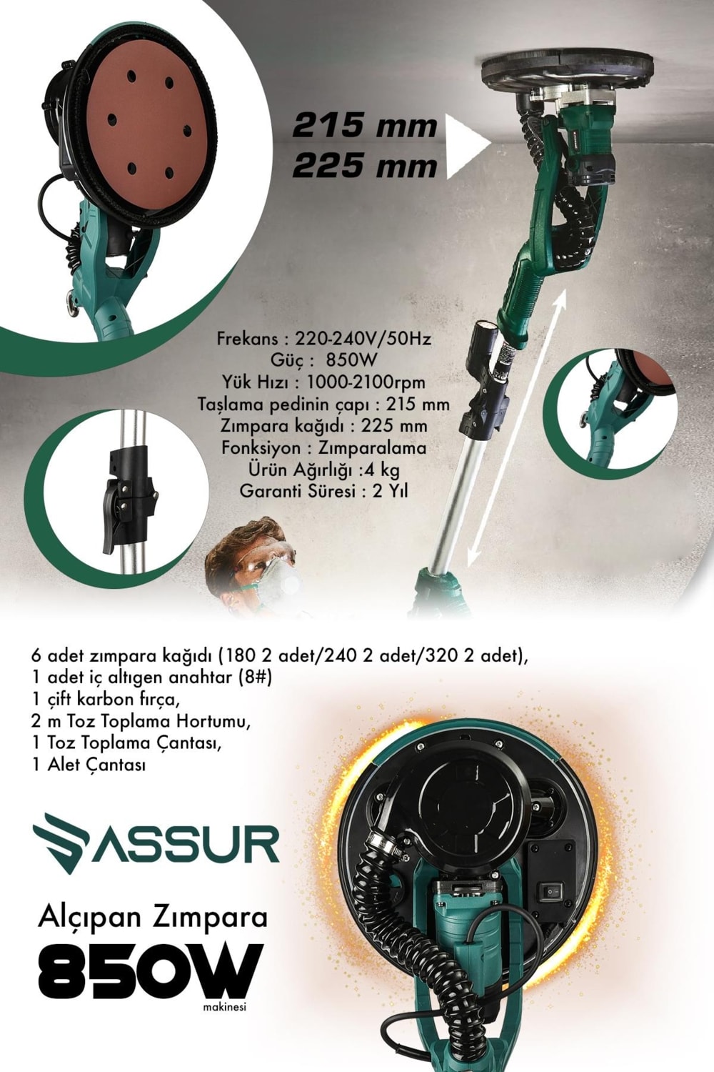 850W Alçıpan Duvar Zımpara Makinası 360° Ledli Toz Emmeli