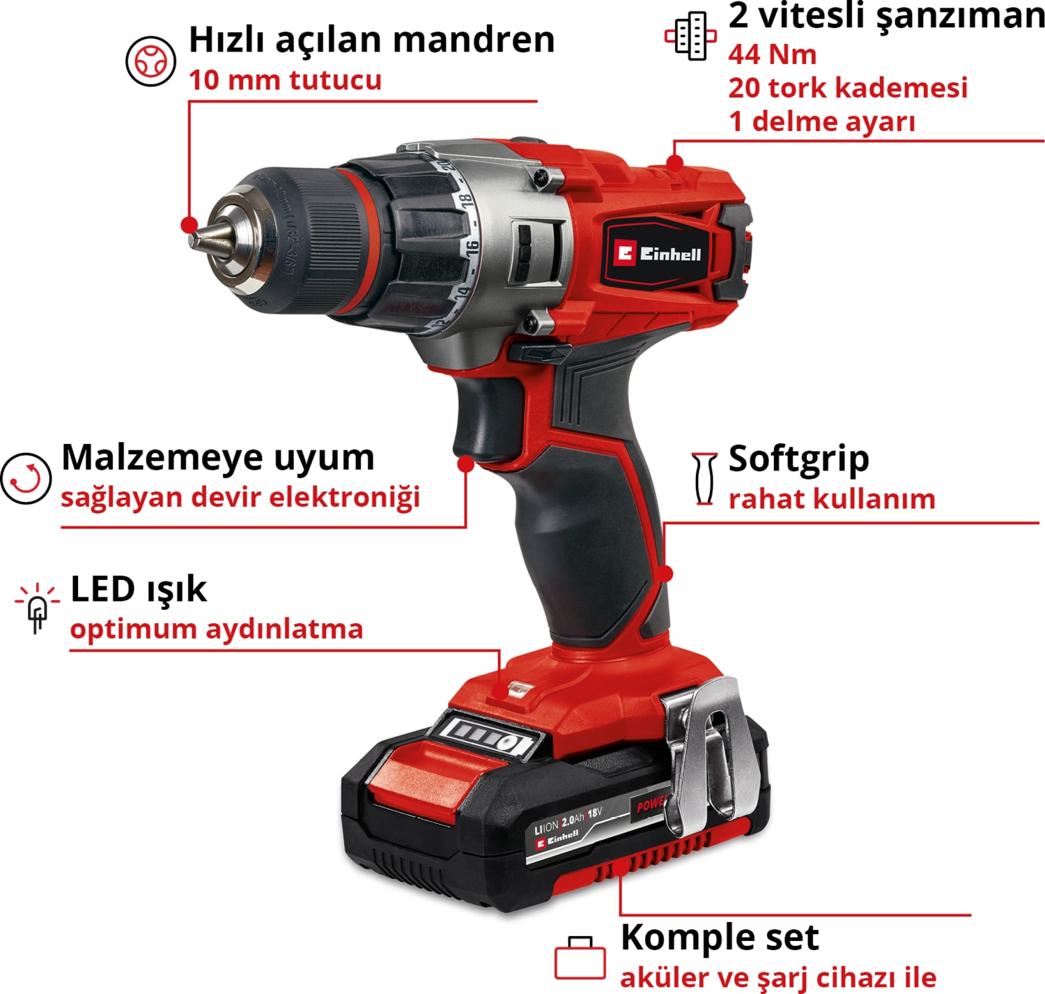 EİNHELL Akülü Vidalama TE-CD 18/2 Li (2x 2,0 Ah) Power X-Change (18 V, 44 Nm, 10 mm hızlı açılan mandren, 20 tork kademesi, 2 x 2.0 Ah akü ve şarj cihazı dahil) - 4514231