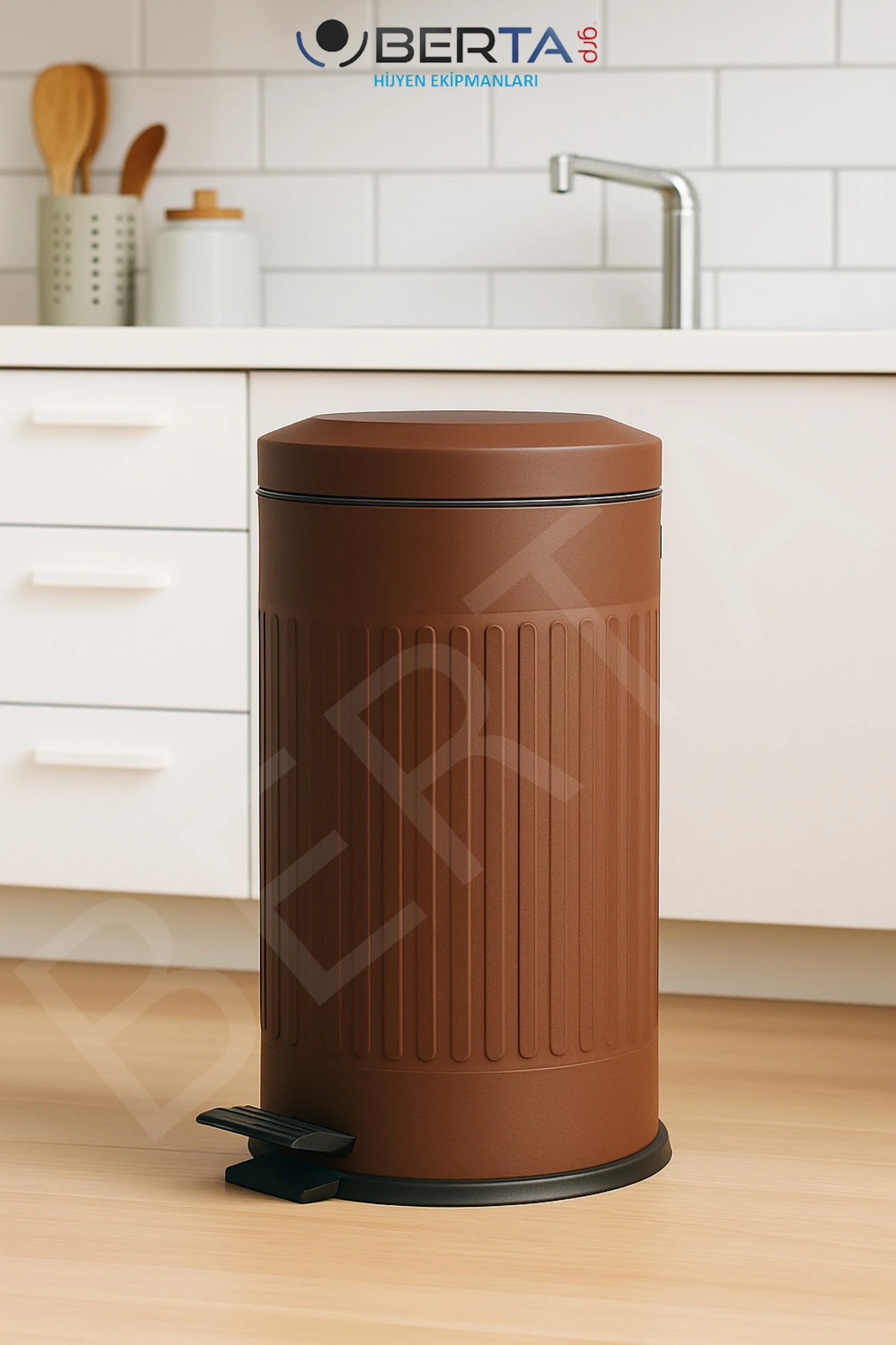 Vintage Cappucino Çöp Kovası Amortisörlü Kapak Çizgili Lüks Model 16lt Kahverengi