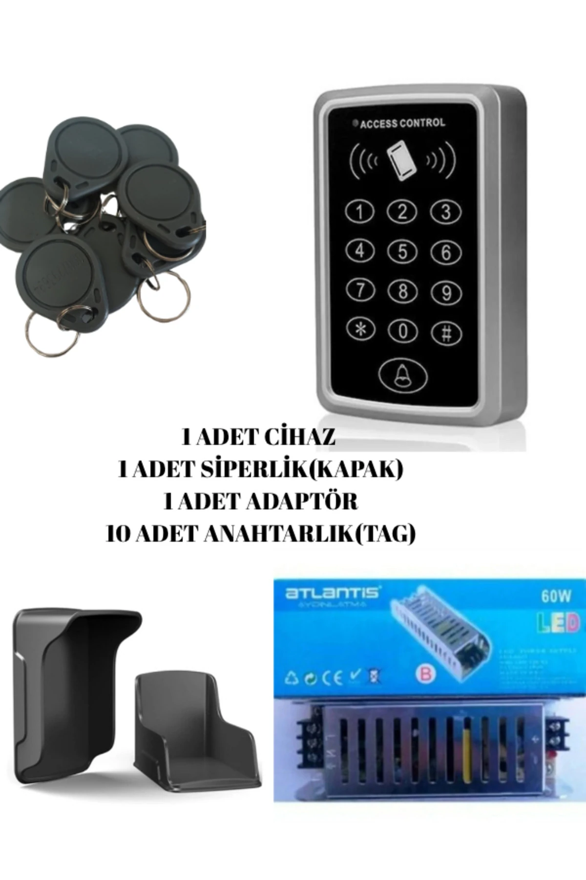 Adaptörlü Trafolu (60W)Rfıd Şifreli Kapı Kilidi Seti Cihaz+Siperlik+Adaptör+ 10Tag Anahtar
