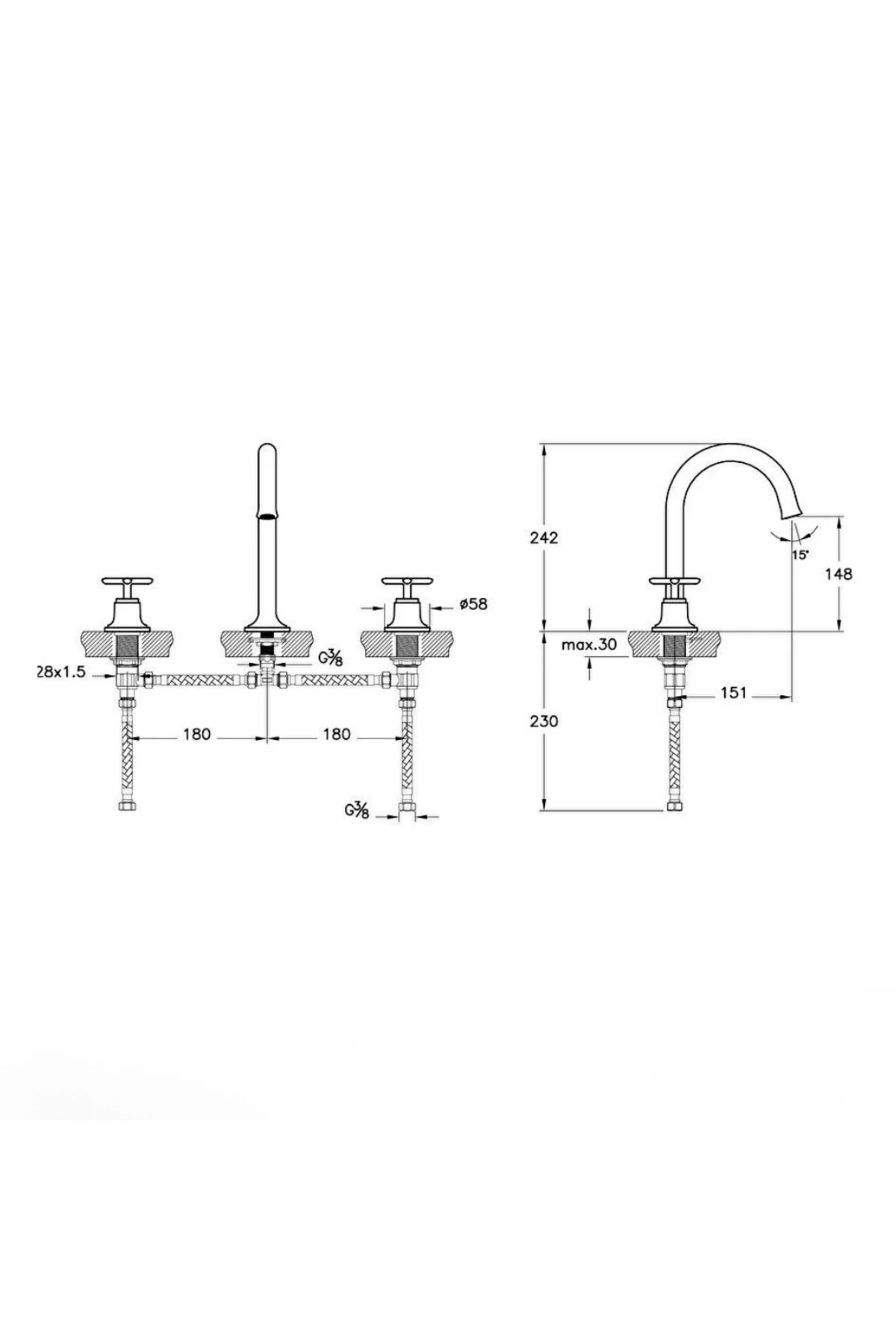 Origin Classic Ankastre Lavabo Bataryası (3 Delikli Lavabolar İçin), Fırçalı Altın A4289125