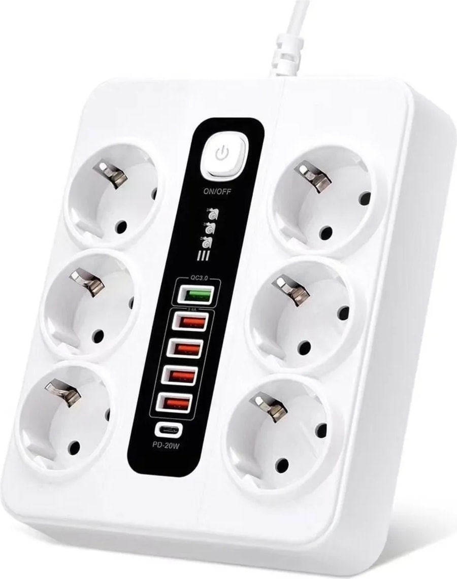 Akım Korumalı 6'lı Grup Priz, 5'li USB Şarj,1 Adet Type-C Şarj Girişi, 2 M KABLO,3000W (Beyaz)