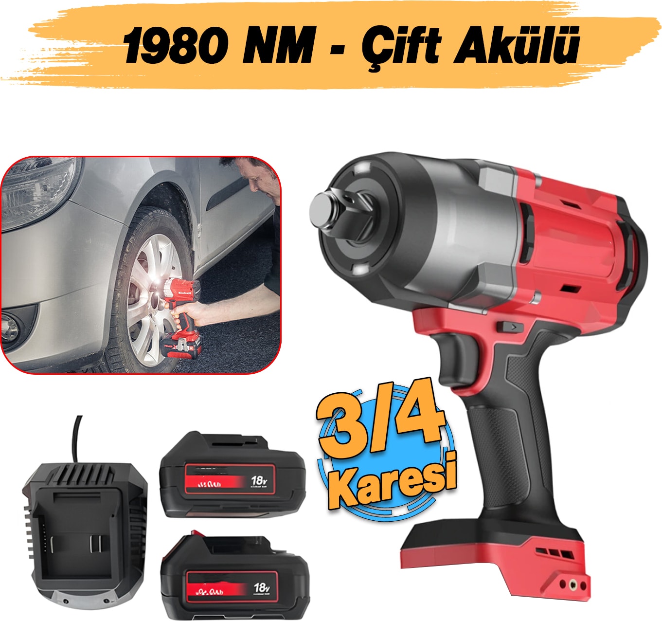 Şarjlı Çift Akülü Darbeli Somun Sıkma 3/4 Sökme Tabanca 1980 Nm Tork Teker Bijon 2300 Bpm 18 Volt