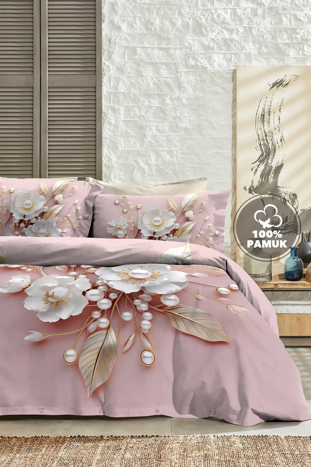 %100 Pamuk Ranforce Çeyizlik Luxury 5d Dijital Çift Kişilik Nevresim Takımı Pink Pearls