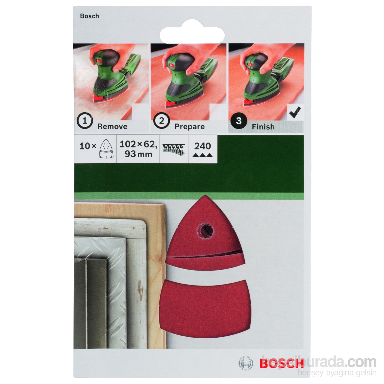 BOSCH - Multi Zımpara Kağıdı 10'Lu, 102 X 62/93 Mm 240 Kum 11 Delik