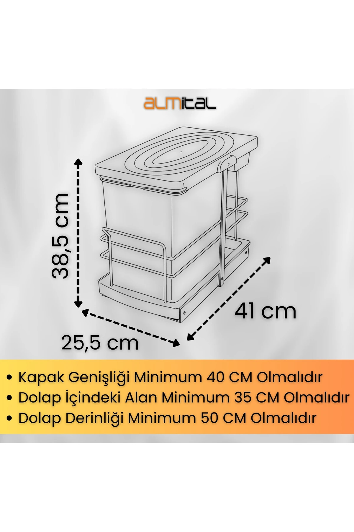 Cassone 16+1 Litre Dolap İçi Raylı Teleskopik Antrasit Çöp Kovası, Minimum Kapak Genişliği 40 cm